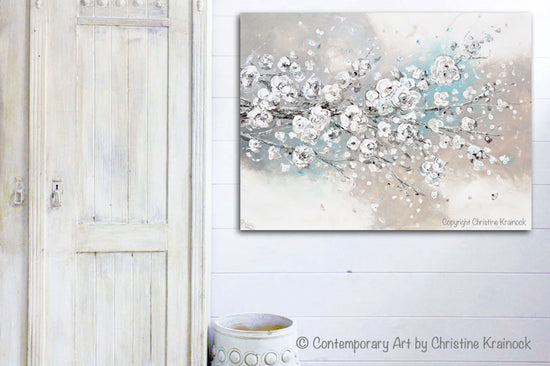 "Change of Seasons" Original Art Abstract Painting White Cherry Blossoms Branch Flowers White Grey Creme Blue Neutral Home Wall Decor