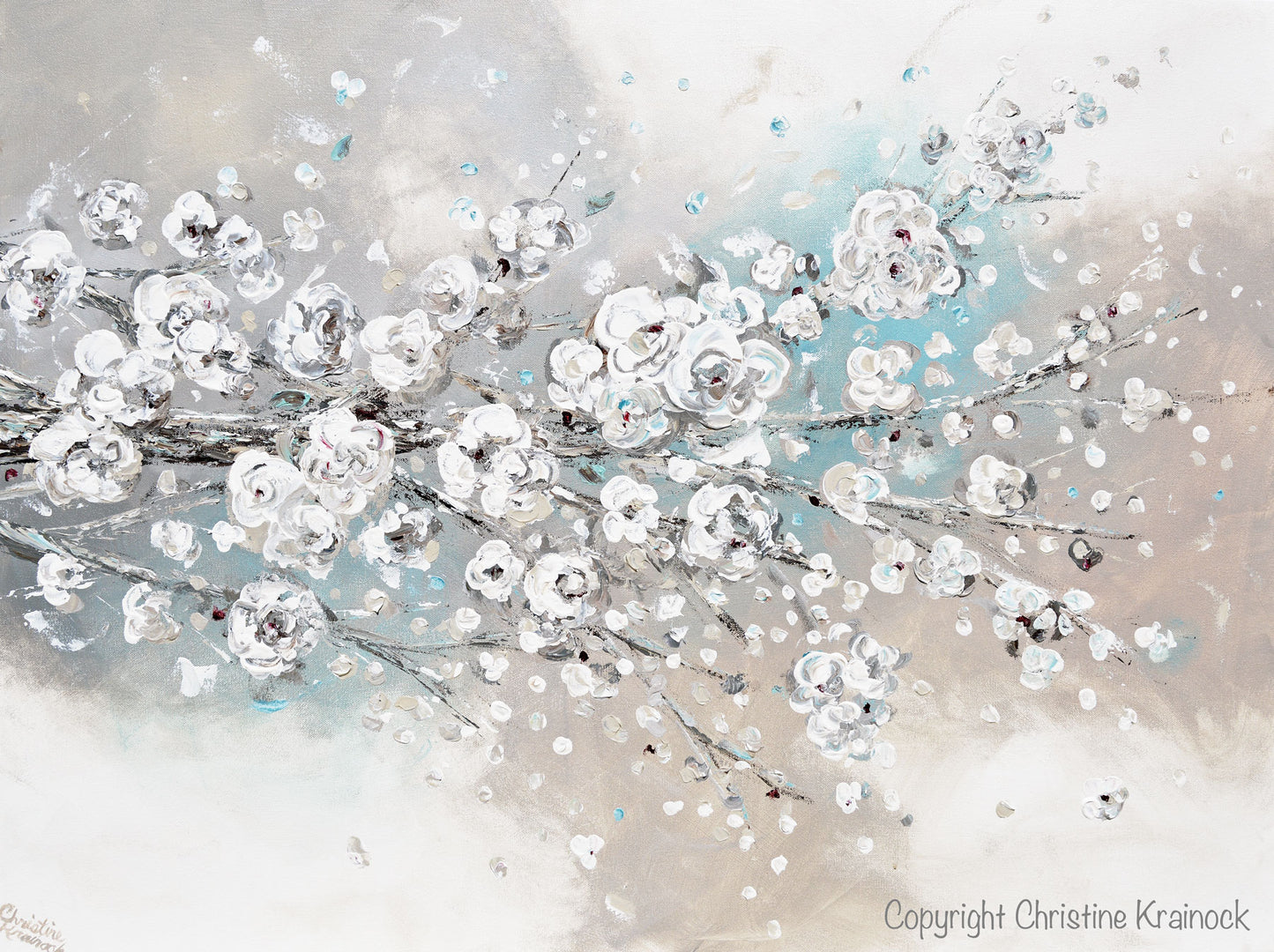 Load image into Gallery viewer, ORIGINAL Art Abstract Painting White Cherry Blossoms Branch Flowers White Grey Creme Blue Neutral Home Wall Decor 30x40&amp;quot;
