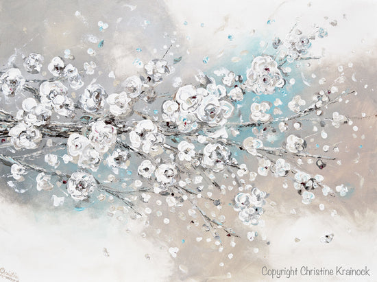 Load image into Gallery viewer, CUSTOM for LISSETTE -ORIGINAL Art Abstract Painting White Cherry Blossoms Branch Flowers White Grey Creme Blue Neutral Home Wall Decor 30x24&amp;quot;
