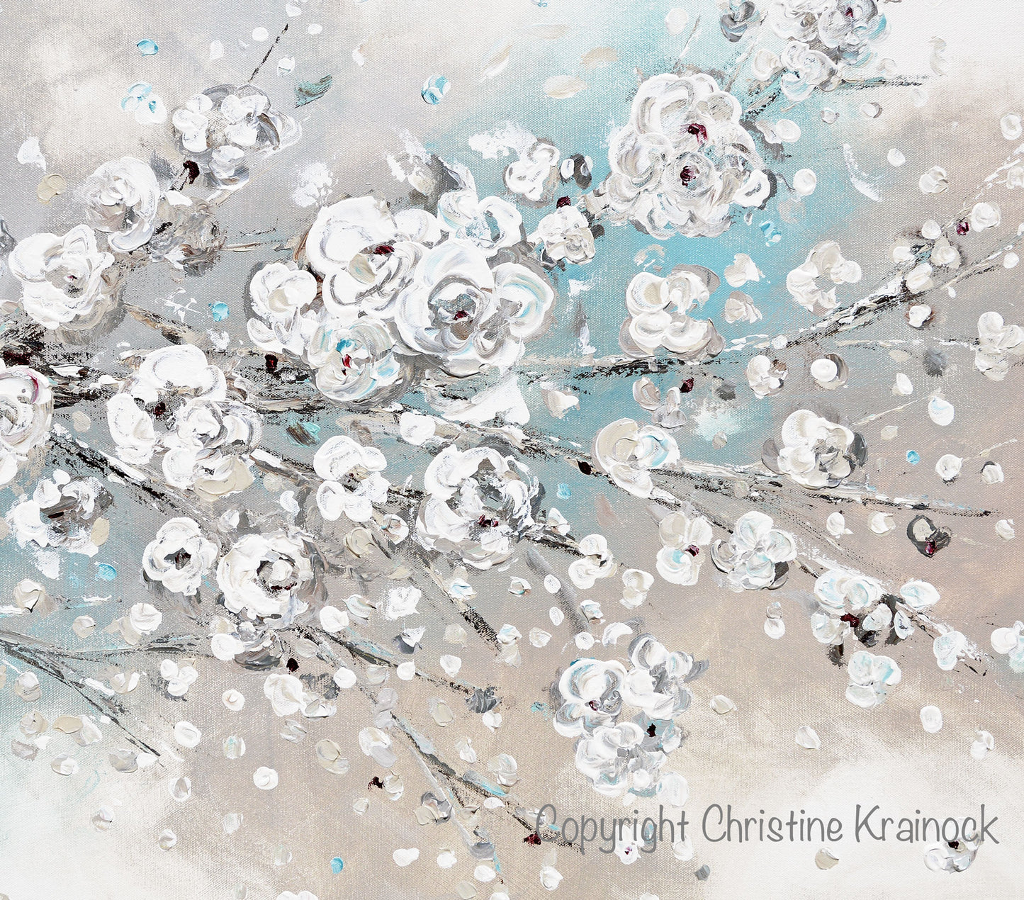 Load image into Gallery viewer, CUSTOM for JULIE-ORIGINAL Art Abstract Painting White Cherry Blossoms Branch Flowers White Grey Creme Blue Neutral Home Wall Decor 24x20&amp;quot;
