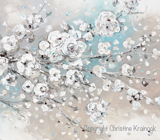 "Change of Seasons" Original Art Abstract Painting White Cherry Blossoms Branch Flowers White Grey Creme Blue Neutral Home Wall Decor