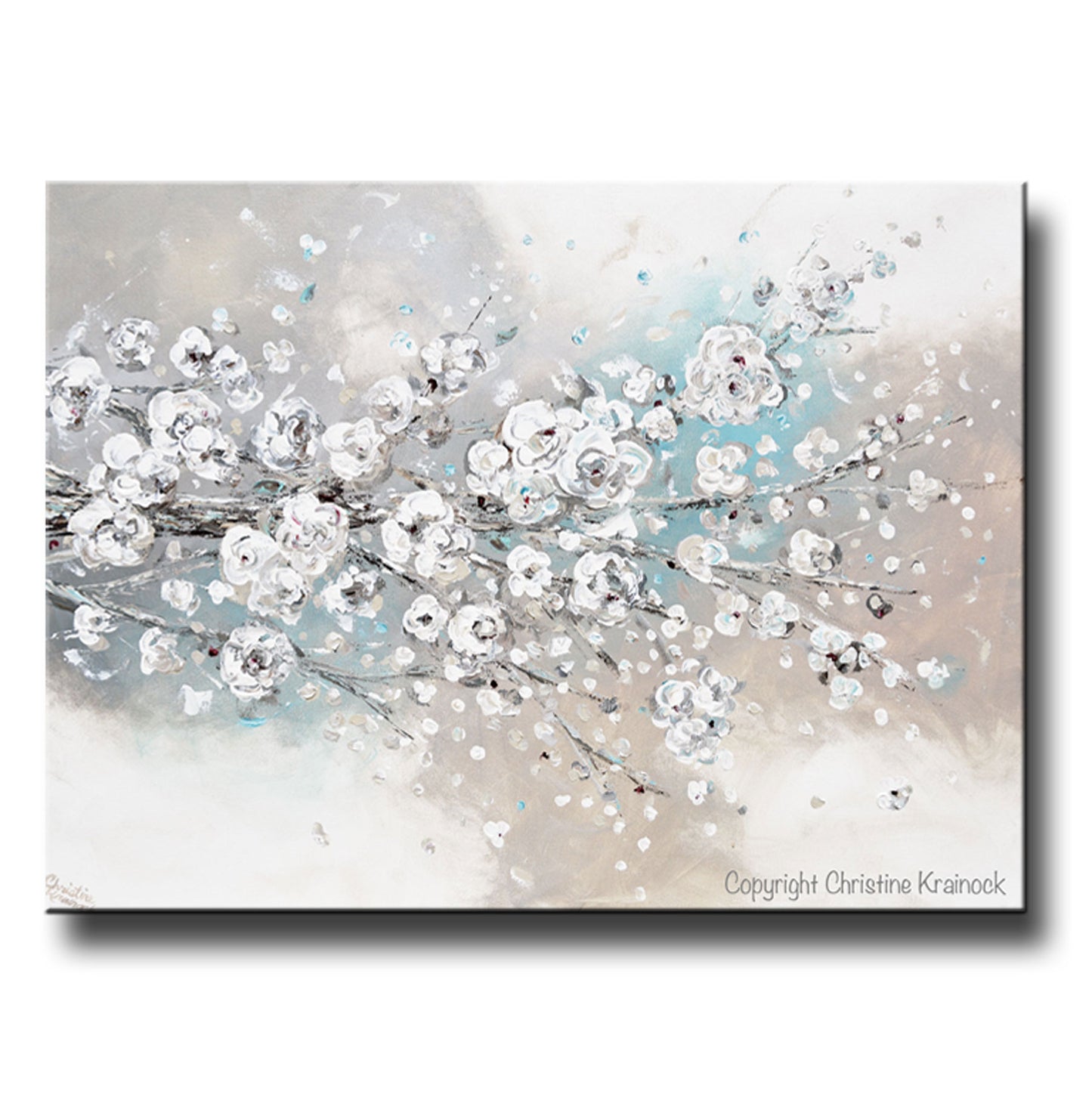 CUSTOM for LISSETTE -ORIGINAL Art Abstract Painting White Cherry Blossoms Branch Flowers White Grey Creme Blue Neutral Home Wall Decor 30x24"