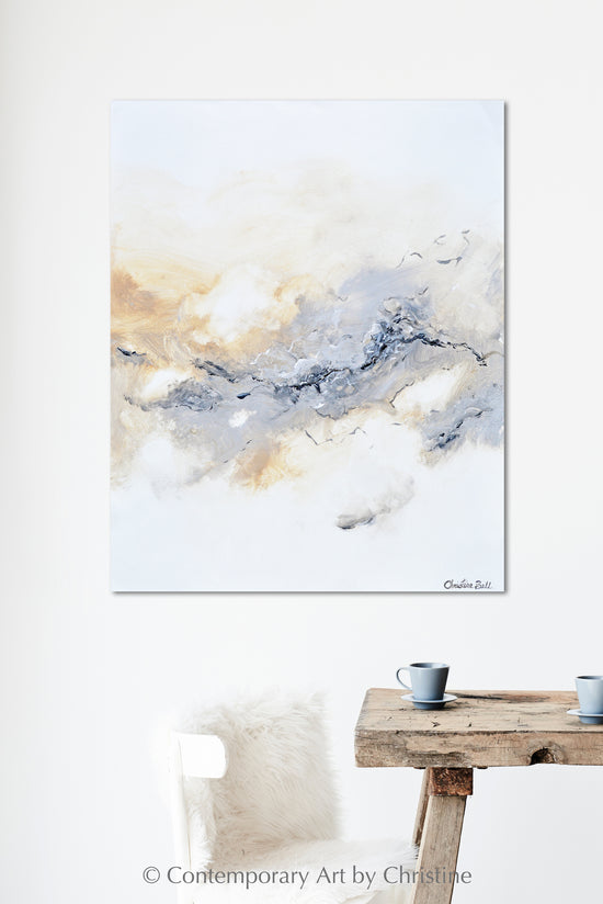 "Authentic" ORIGINAL Art Neutral Coastal Abstract Painting White Beige Grey Marbled 24x30"