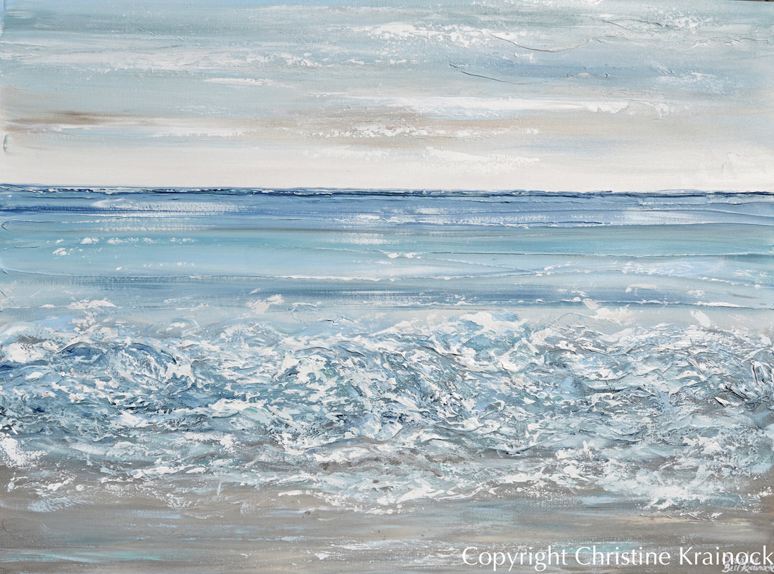 ORIGINAL Art Abstract Painting Blue Ocean Textured Beach Coastal Decor ...