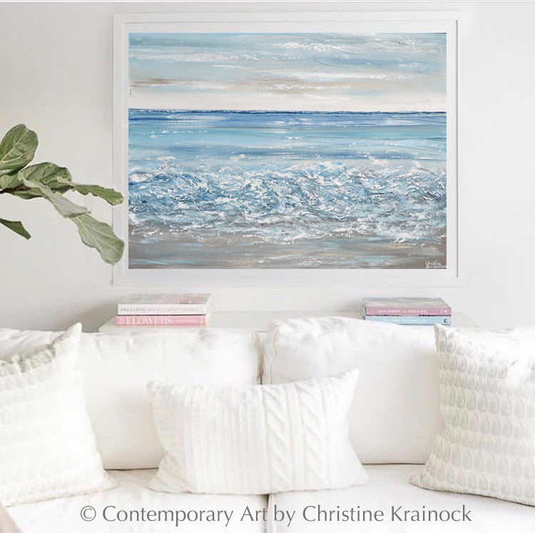 CUSTOM for REBECCA-ORIGINAL Art Abstract Painting Textured Beach Ocean Waves Aqua Blue White Grey Beige Coastal Home Decor Wall Art 30x40"