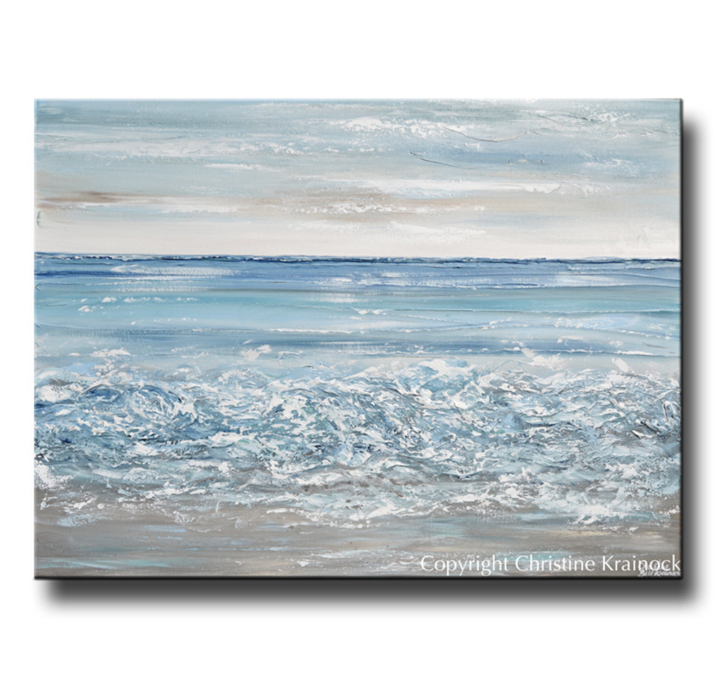 ORIGINAL Art Abstract Painting Textured Beach Ocean Waves Blue White Grey Beige Coastal Home Decor Wall Art 36x48"