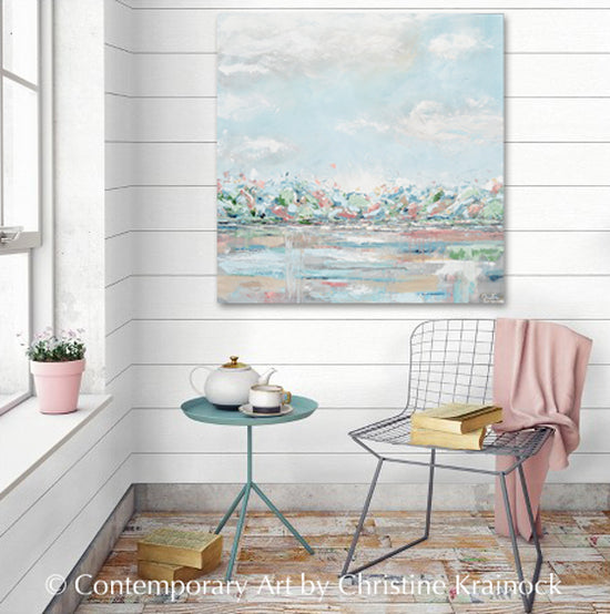 ORIGINAL Art Abstract Painting Landscape Light Blue Green Grey Pink Textured LARGE 40x40"