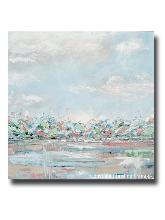 ORIGINAL Art Abstract Painting Landscape Light Blue Green Grey Pink Textured LARGE 40x40"