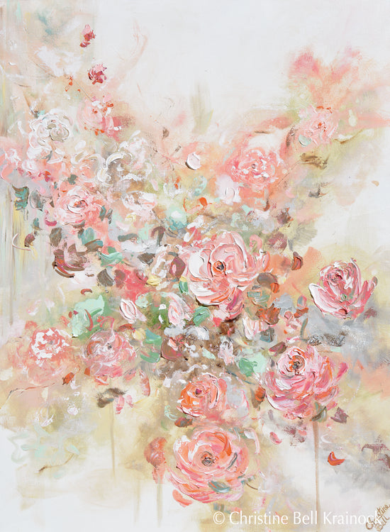 Load image into Gallery viewer, ORIGINAL Art Abstract Floral Painting Textured Pink Flowers Coral Peach Roses Wall Decor 30x40&amp;quot;
