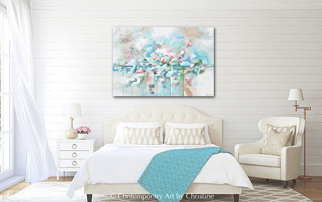 ORIGINAL Art Abstract Painting Textured Light Blue Aqua Floral Home Decor 40x30"