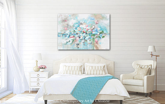 ORIGINAL Art Abstract Painting Textured Light Blue Aqua Floral Home Decor 40x30"