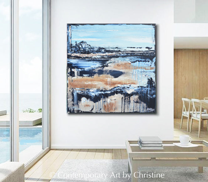ORIGINAL Art Abstract Painting Textured Coastal Landscape Rustic Blue Brown Home Decor Wall Art 36x36"