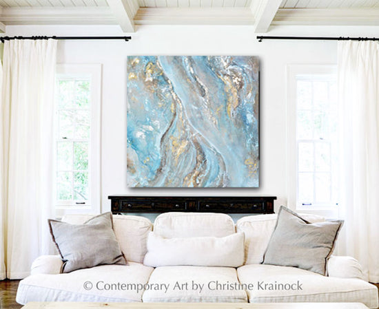 ORIGINAL Art Blue Brown White Abstract Painting Gold Leaf Textured Coastal Wall Art 24x24"