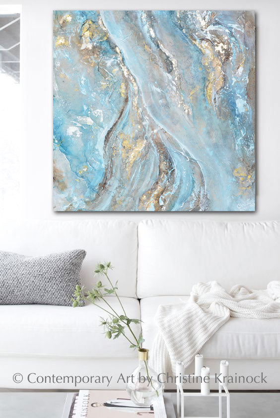 ORIGINAL Art Blue Brown White Abstract Painting Gold Leaf Textured Coastal Wall Art 24x24"