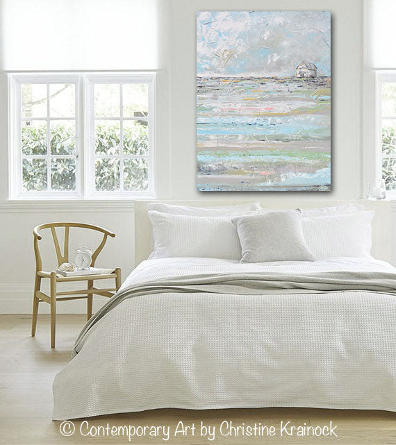 ORIGINAL Art Abstract Painting TEXTURED Landscape White Farmhouse Blue Grey Wall Art 30x40"