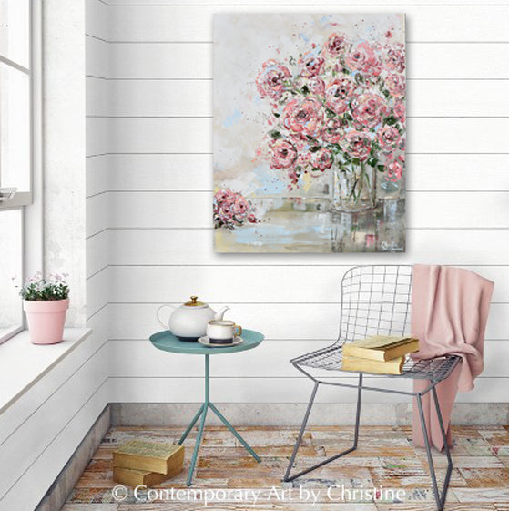 GICLEE PRINT Art Abstract Floral Painting Pink Flowers Bouquet Roses Canvas Wall Decor Love Always