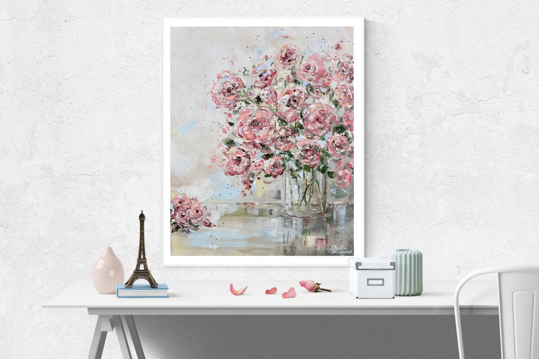 GICLEE PRINT Art Abstract Floral Painting Pink Flowers Bouquet Roses Canvas Wall Decor Love Always