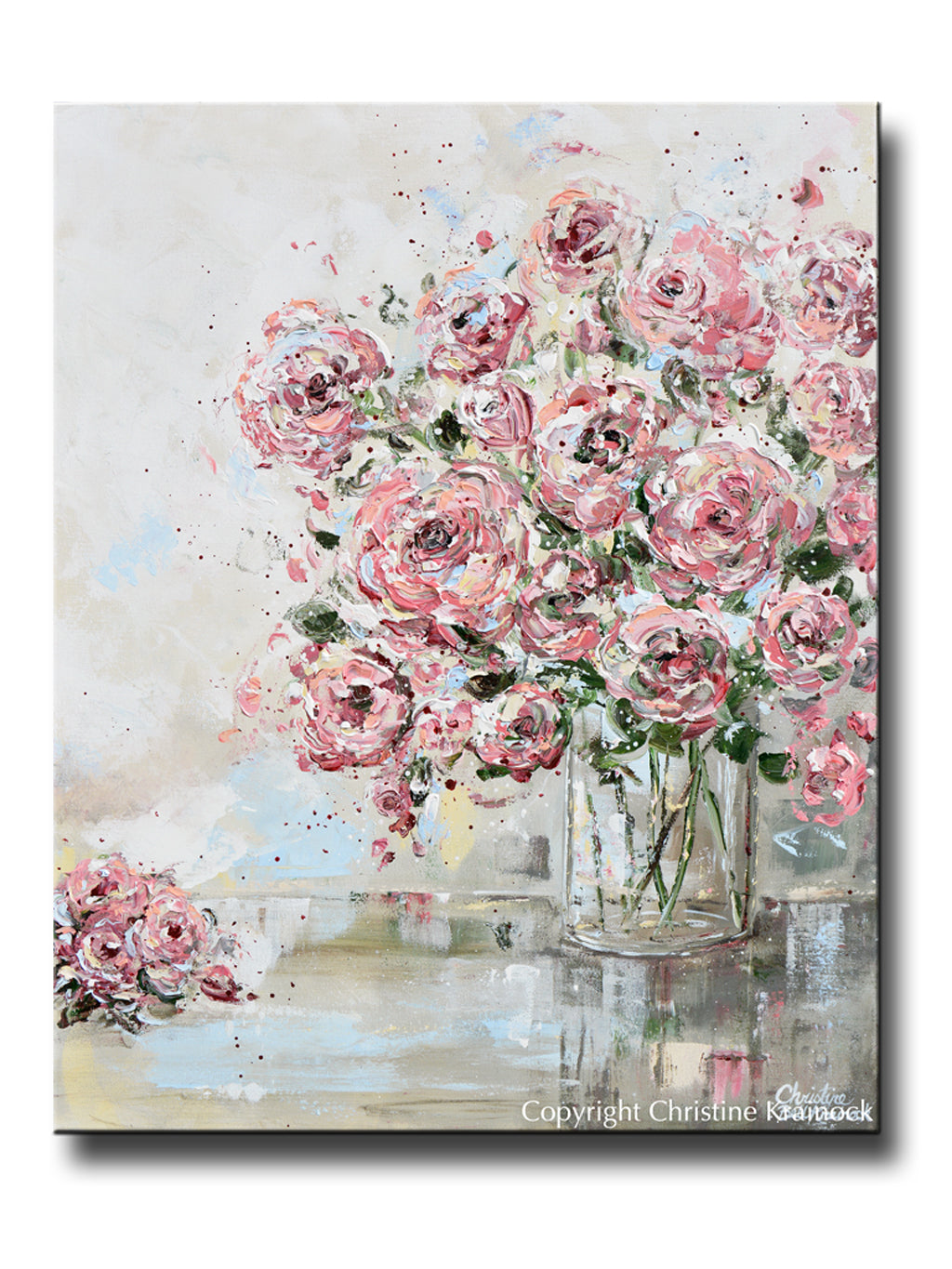 ORIGINAL Art Abstract Floral Painting Textured Pink Flowers Bouquet Roses Wall Decor 24x30"