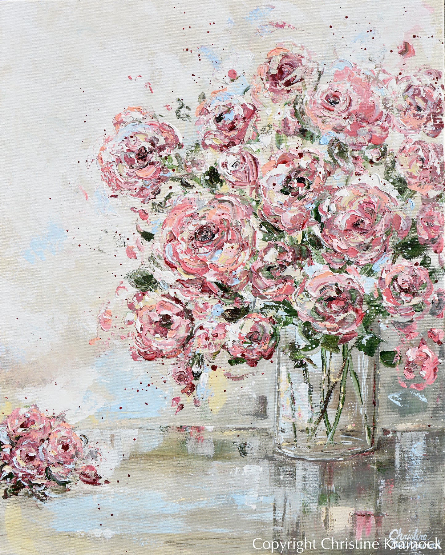 ORIGINAL Art Abstract Floral Painting Textured Pink Flowers Bouquet Roses Wall Decor 24x30"
