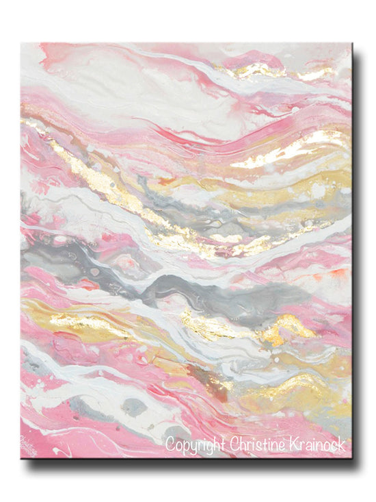 Load image into Gallery viewer, ORIGINAL Art Abstract Painting Pink White Grey Beige Gold Leaf Marbled Coastal Wall Art 30x24&amp;quot;
