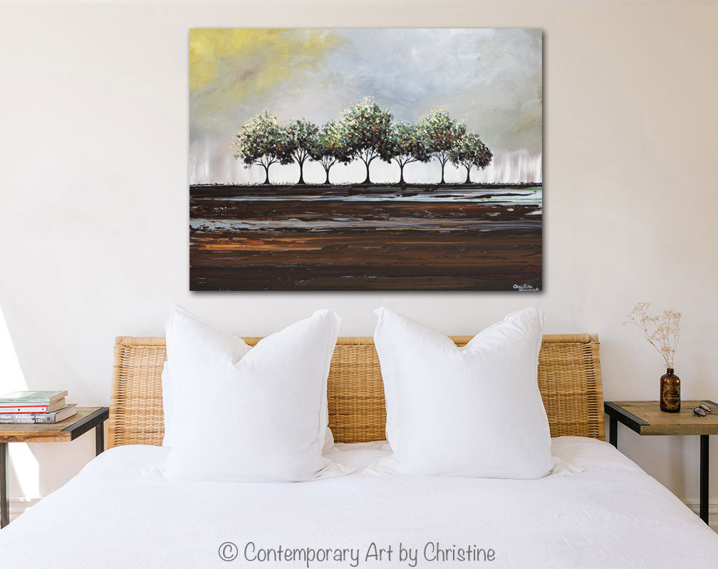 ORIGINAL Art Abstract Painting Trees Textured Palette Knife Green Brown Grey Tree Landscape Wall Decor 40x30"