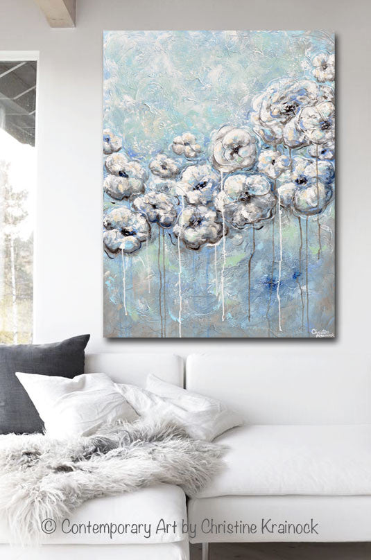 Load image into Gallery viewer, GICLEE PRINT Art Abstract Blue Grey White Flowers Painting Modern Coastal Floral Canvas Print

