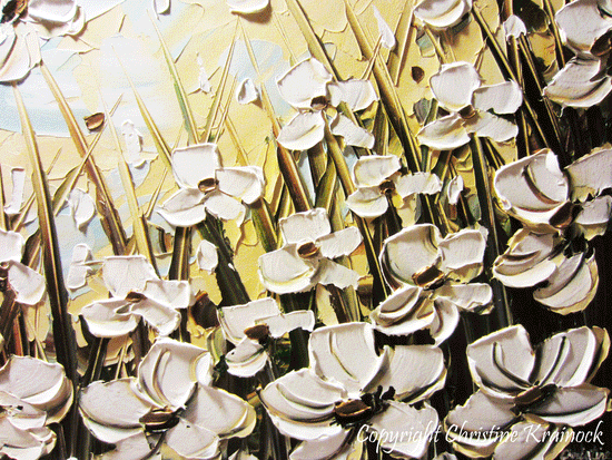 ORIGINAL Art Abstract Painting White Flowers Poppies Blue Gold Landscape Textured Palette Knife - Christine Krainock Art - Contemporary Art by Christine - 5