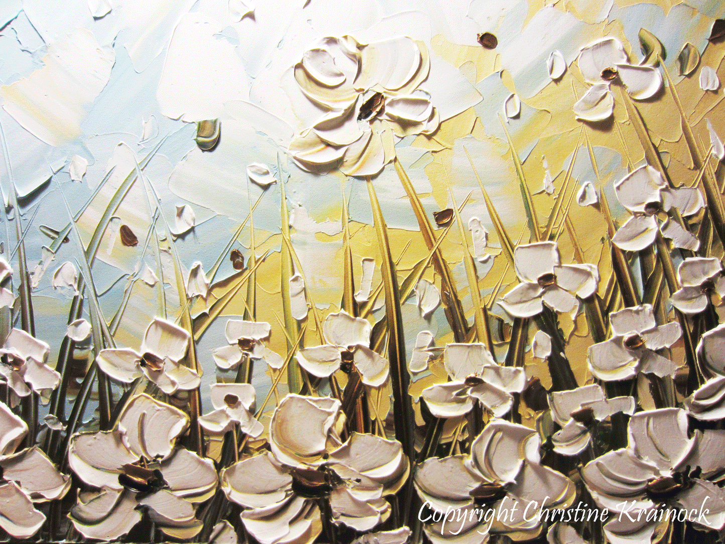 ORIGINAL Art Abstract Painting White Flowers Poppies Blue Gold Landscape Textured Palette Knife - Christine Krainock Art - Contemporary Art by Christine - 4