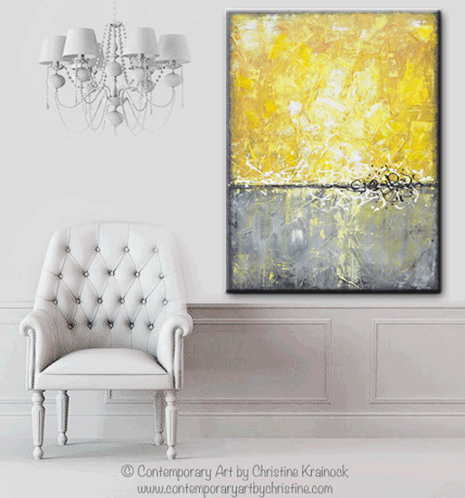 Load image into Gallery viewer, ORIGINAL Art Abstract Painting Yellow Grey Large Wall Decor Modern Textured Coastal Urban Horizon - Christine Krainock Art - Contemporary Art by Christine - 7

