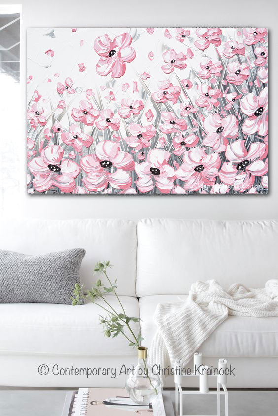 Load image into Gallery viewer, &amp;quot;Enchantment&amp;quot; GICLEE PRINT Abstract Painting Pink Poppies Flowers Grey White Peonies Floral Canvas Wall Art
