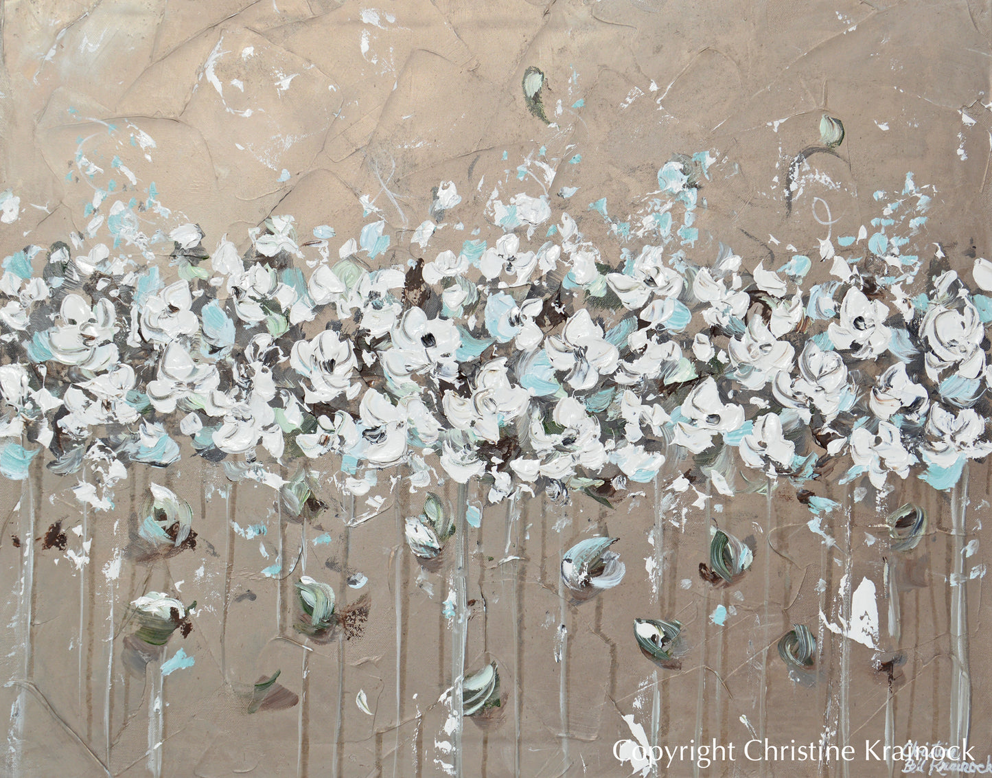 ORIGINAL Art Abstract Painting TEXTURED White Flowers Grey Taupe Creme Blue Neutral Home Wall Decor 24x30"