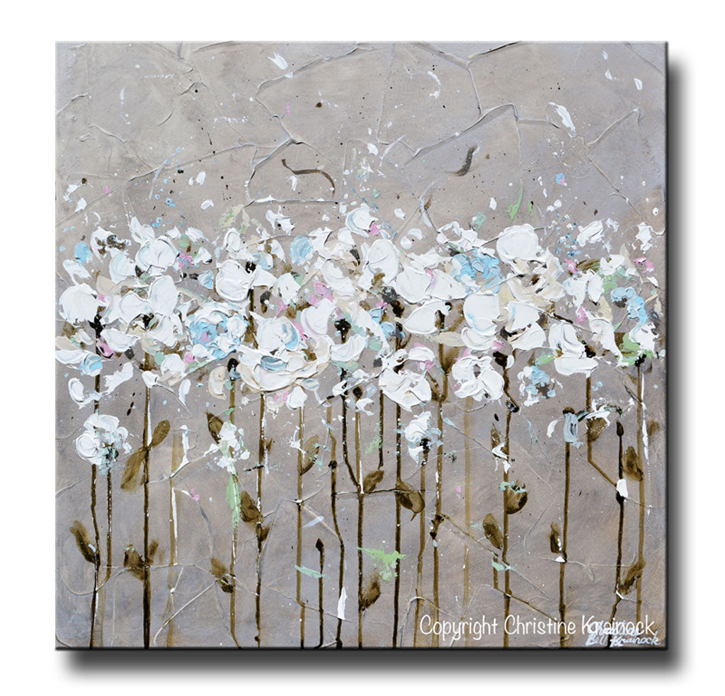 Load image into Gallery viewer, ORIGINAL Art Abstract Painting TEXTURED White Flowers Taupe Grey Creme Blue Neutral Home Wall Decor 24x24&amp;quot;
