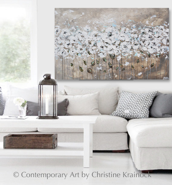 ORIGINAL Art Abstract Painting TEXTURED White Flowers Grey Taupe Blue Neutral Home Wall Decor 48x30"