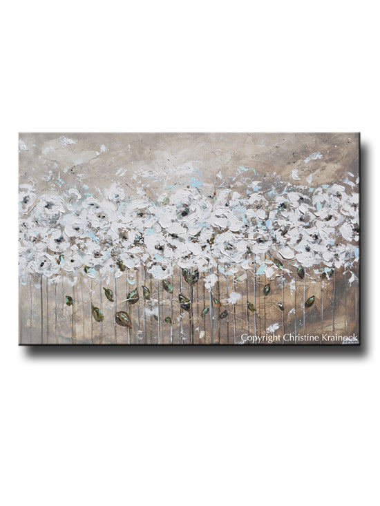 ORIGINAL Art Abstract Painting TEXTURED White Flowers Grey Taupe Blue Neutral Home Wall Decor 48x30"
