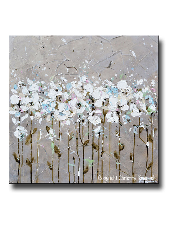 Load image into Gallery viewer, ORIGINAL Art Abstract Painting TEXTURED White Flowers Taupe Grey Creme Blue Neutral Home Wall Decor 24x24&amp;quot;
