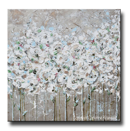 ORIGINAL Art Abstract Painting TEXTURED White Flowers Poppies Grey Taupe Creme Neutral Home Wall Decor 36x36"