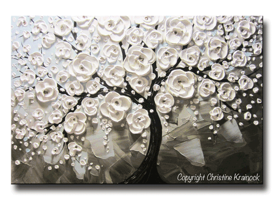 ORIGINAL Art Abstract Painting White Flowering Cherry Tree Flowers Large Art Textured Blue Grey Taupe - Christine Krainock Art - Contemporary Art by Christine - 3