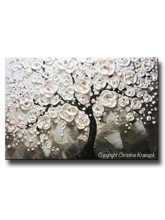 Load image into Gallery viewer, ORIGINAL Art Abstract Painting White Flowering Cherry Tree Flowers Large Art Textured Blue Grey Taupe - Christine Krainock Art - Contemporary Art by Christine - 1
