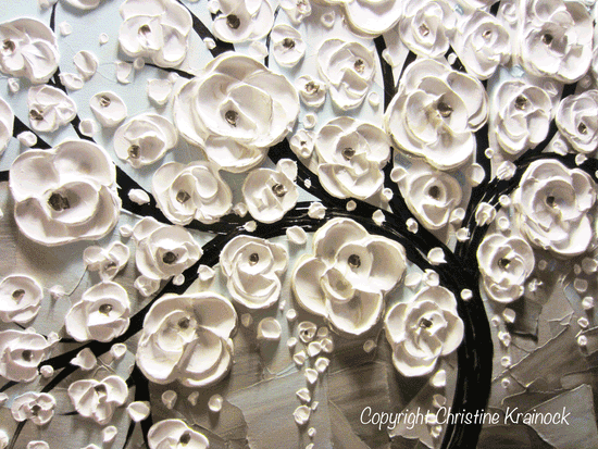 ORIGINAL Art Abstract Painting White Flowering Cherry Tree Flowers Large Art Textured Blue Grey Taupe - Christine Krainock Art - Contemporary Art by Christine - 4