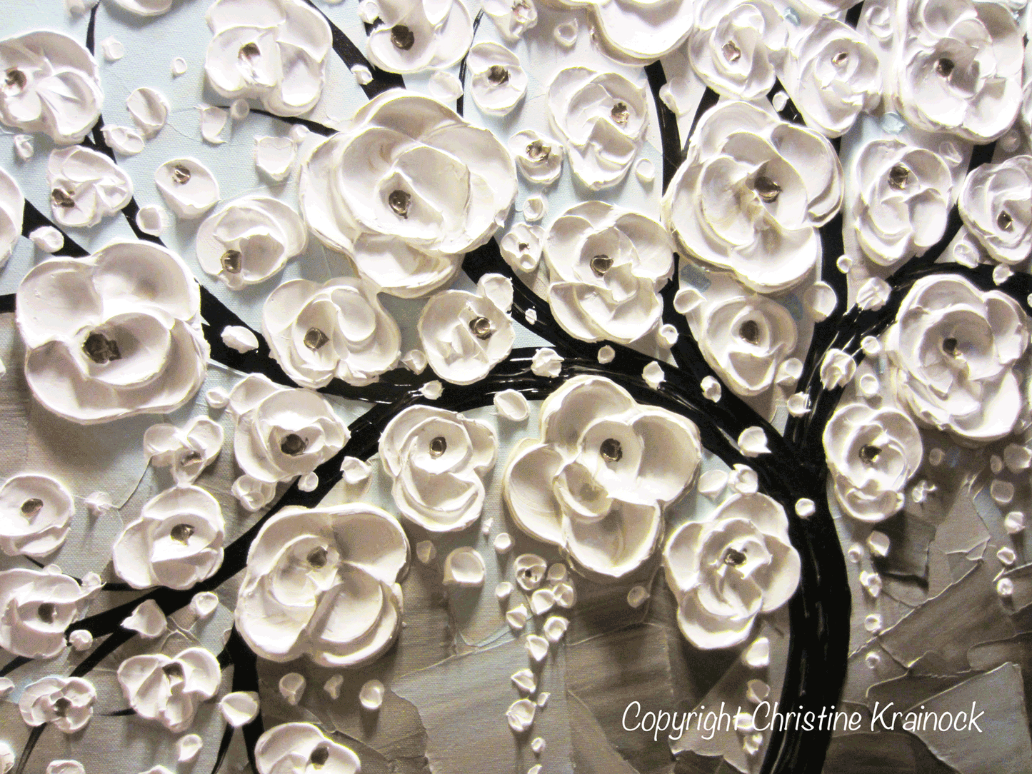 CUSTOM Original Art Abstract Painting White Flowering Cherry Tree Textured Blue Grey Taupe - Christine Krainock Art - Contemporary Art by Christine - 4