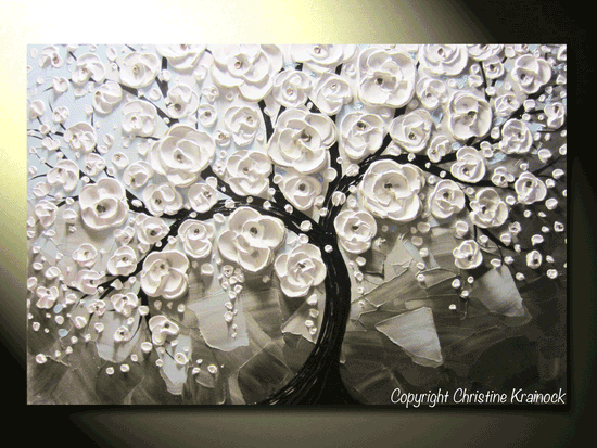 ORIGINAL Art Abstract Painting White Flowering Cherry Tree Flowers Large Art Textured Blue Grey Taupe - Christine Krainock Art - Contemporary Art by Christine - 5