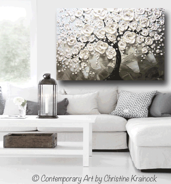 ORIGINAL Art Abstract Painting White Flowering Cherry Tree Flowers Large Art Textured Blue Grey Taupe - Christine Krainock Art - Contemporary Art by Christine - 2