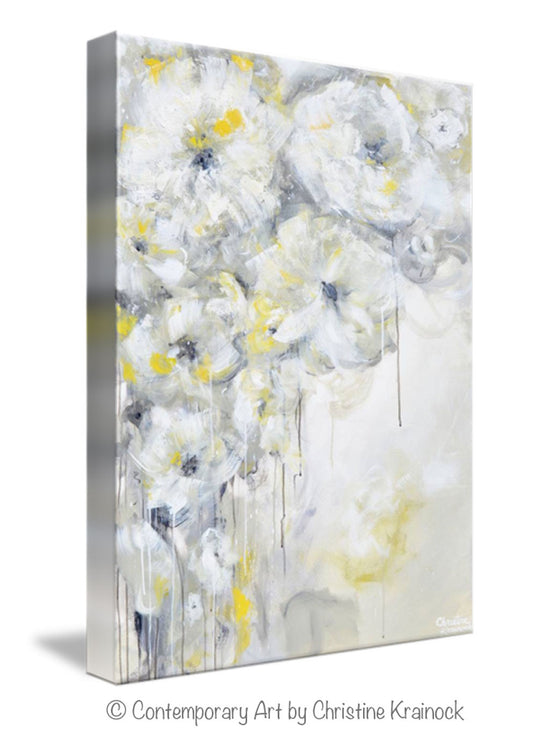 Load image into Gallery viewer, GICLEE PRINT Art Yellow Grey Abstract Painting White Flowers Modern Coastal Floral Canvas Art Gold Neutral Wall Decor
