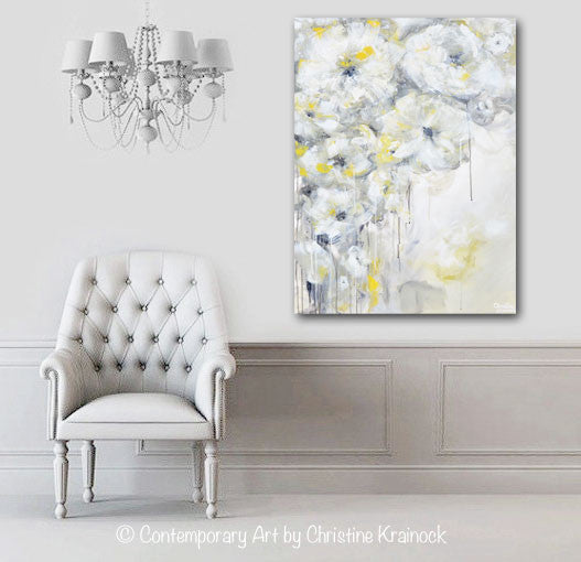ORIGINAL Art Yellow Grey Abstract Painting White Flowers Modern Coastal Floral Taupe Gold Neutral Wall Decor 30x40"