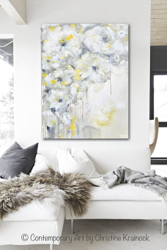 GICLEE PRINT Art Yellow Grey Abstract Painting White Flowers Modern Coastal Floral Canvas Art Gold Neutral Wall Decor