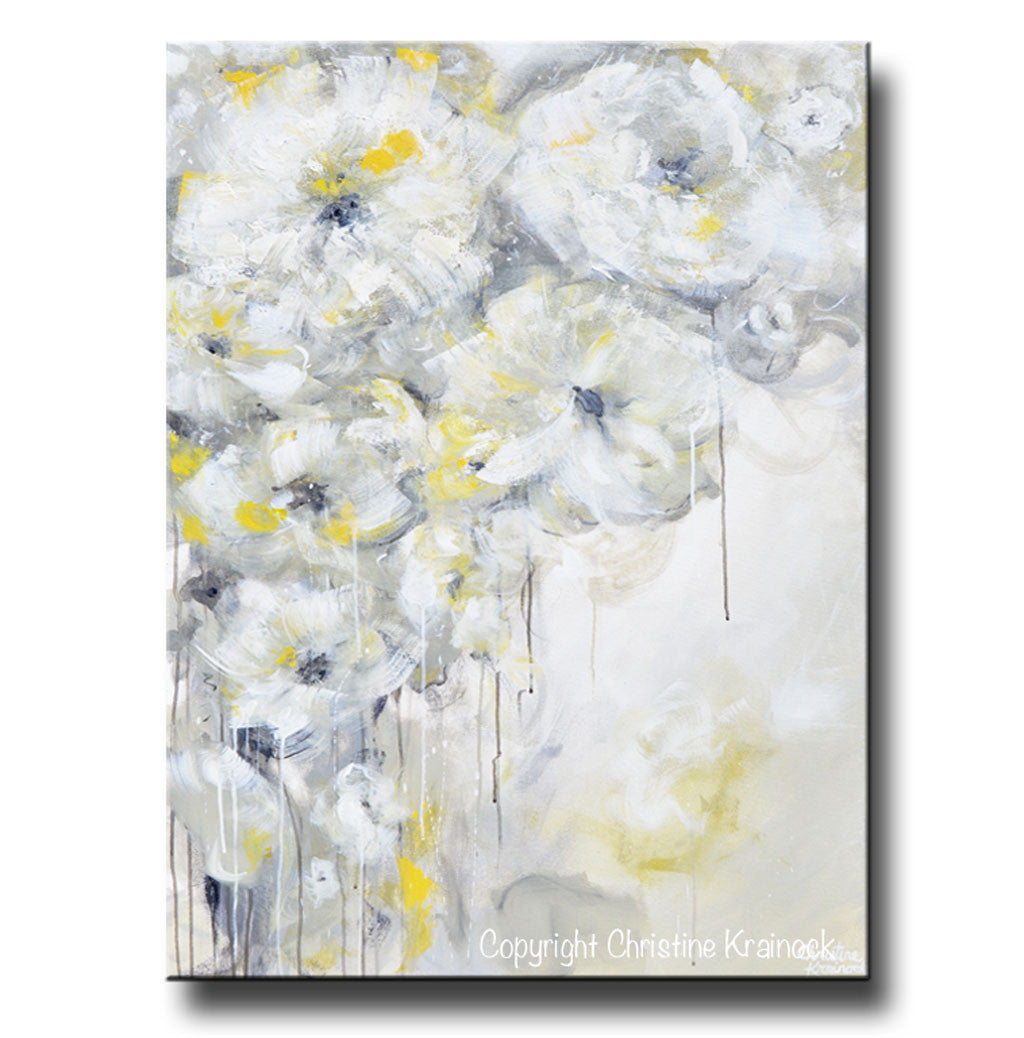 ORIGINAL Art Yellow Grey Abstract Painting White Flowers Modern Coastal Floral Taupe Gold Neutral Wall Decor 30x40"