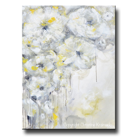 GICLEE PRINT Art Yellow Grey Abstract Painting White Flowers Modern Coastal Floral Canvas Art Gold Neutral Wall Decor