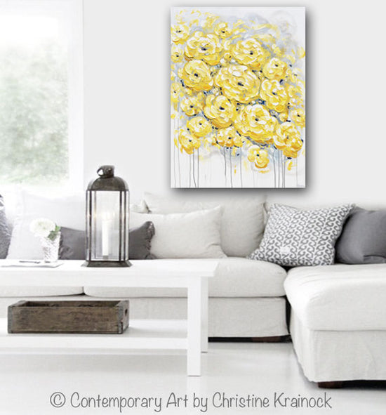 GICLEE PRINT Art Yellow Grey Gold Abstract Painting Poppy Flowers Floral Coastal Artwork Canvas Art Prints