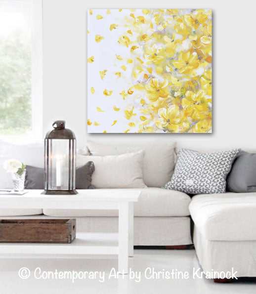 Load image into Gallery viewer, ORIGINAL Art Yellow Grey Abstract Painting Modern Floral Gold White Flowers Fall Leaves Neutral Wall Decor XL 40x40&amp;quot;
