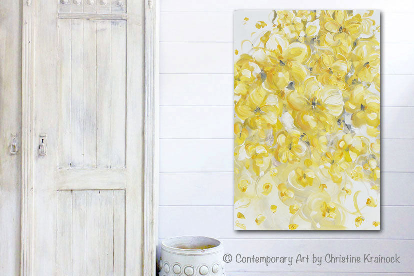 ORIGINAL Art Yellow Grey Abstract Painting Modern Floral Gold White Flowers Home Wall Decor 24x36""